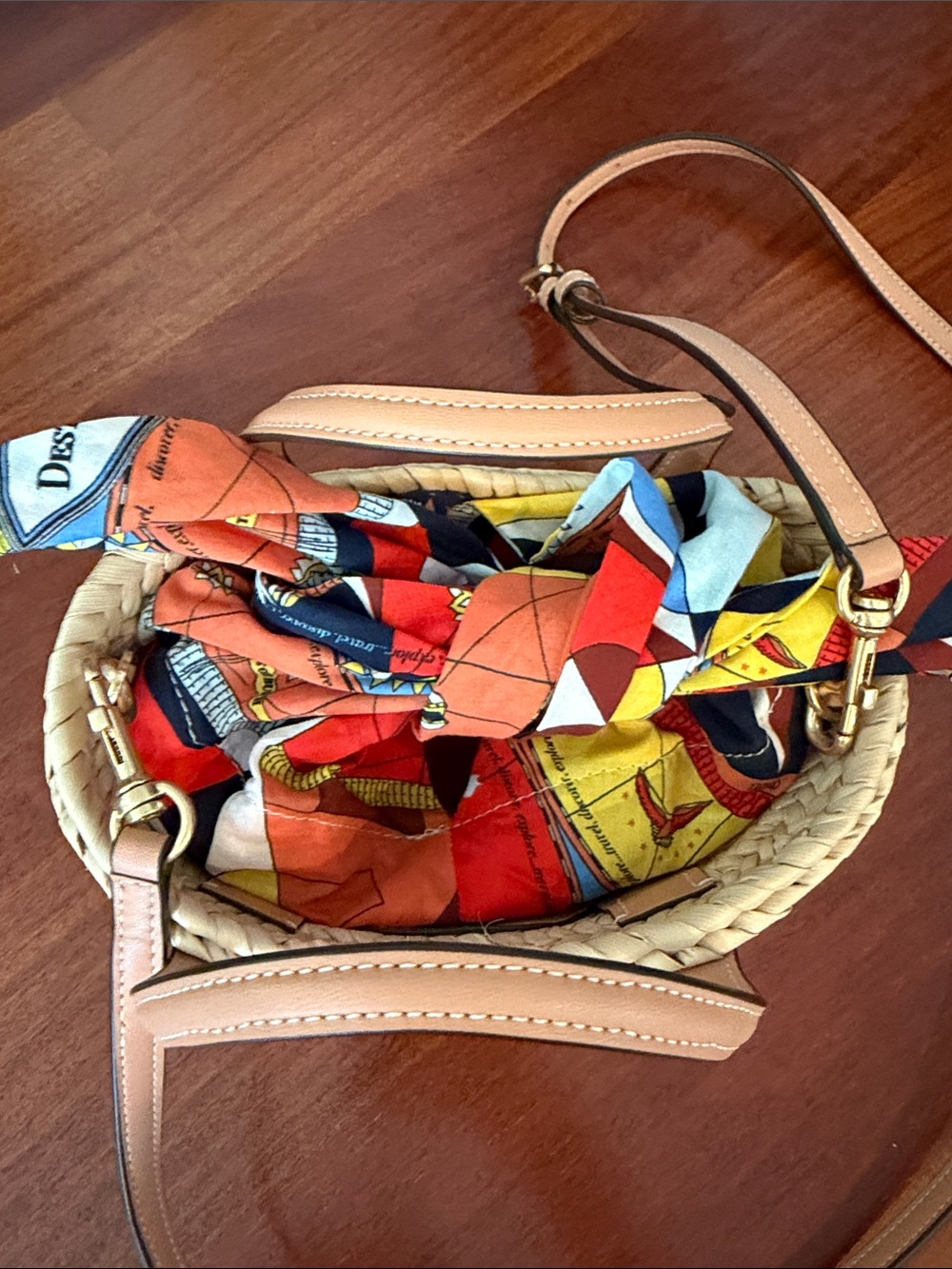 Tory Burch Straw Mini Basket Bag with Pink Leather Trim and Multicolor Scarf - Picture 3 of 9